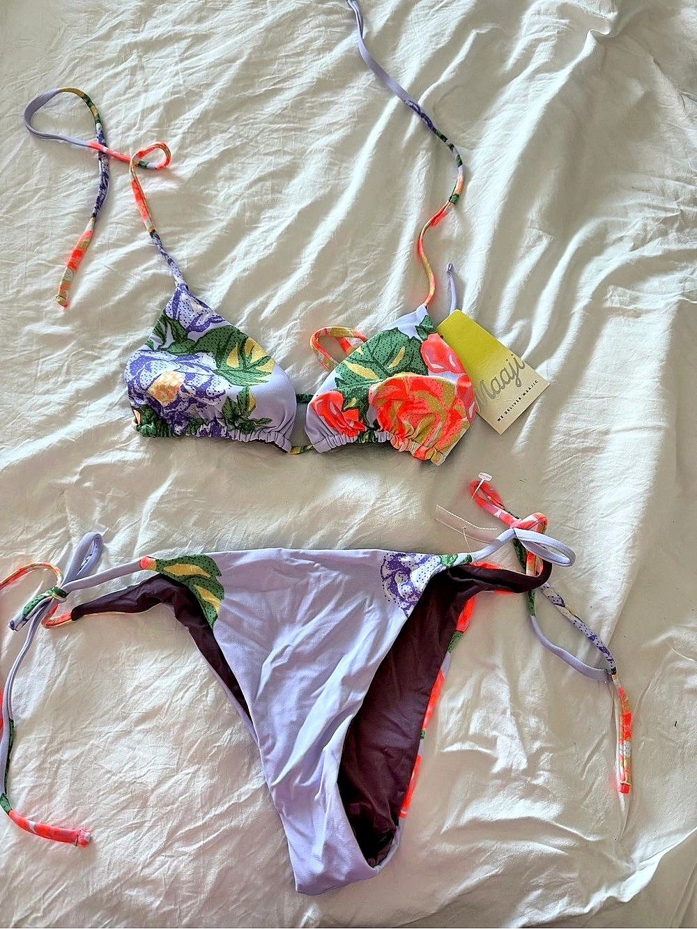 Maaji Reversible Bottom Floral Bikini Set in Purple & Pink Medium NWT